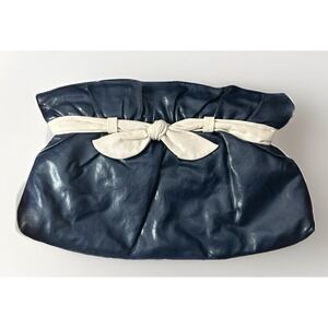 Vintage 80s Navy Blue Clutch Purse White Bow Detail MCI Faux Leather Wristlet